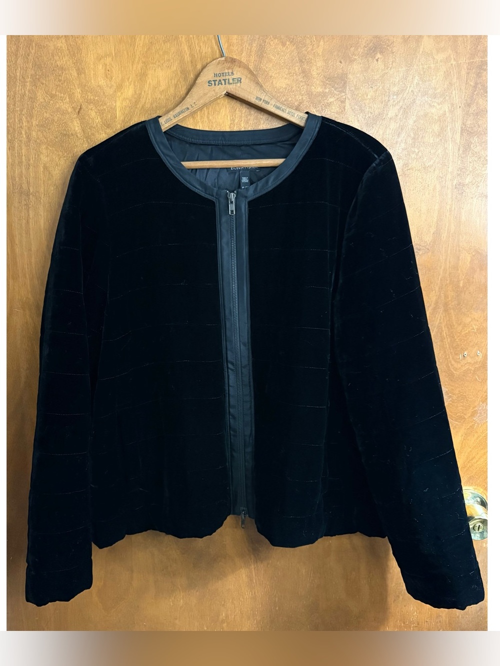 Eileen Fisher Black Quilted Velvet Zip Up Bomber Jacket Silk Preppy XL Old Money